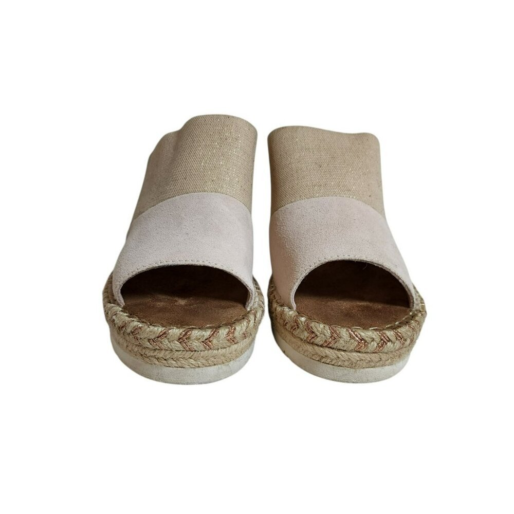 TOMS Wedge Sandals Size 10 Suede Canvas Kelsey Espadrille Slip-On Neutral